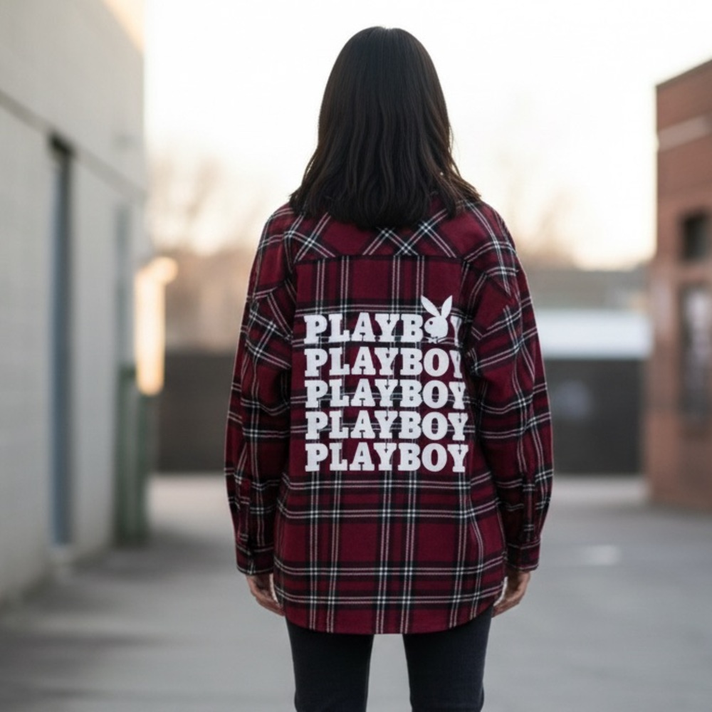 Playboy Sz L Plaid Red Logo Bunny Button Front Relaxed Shacket
